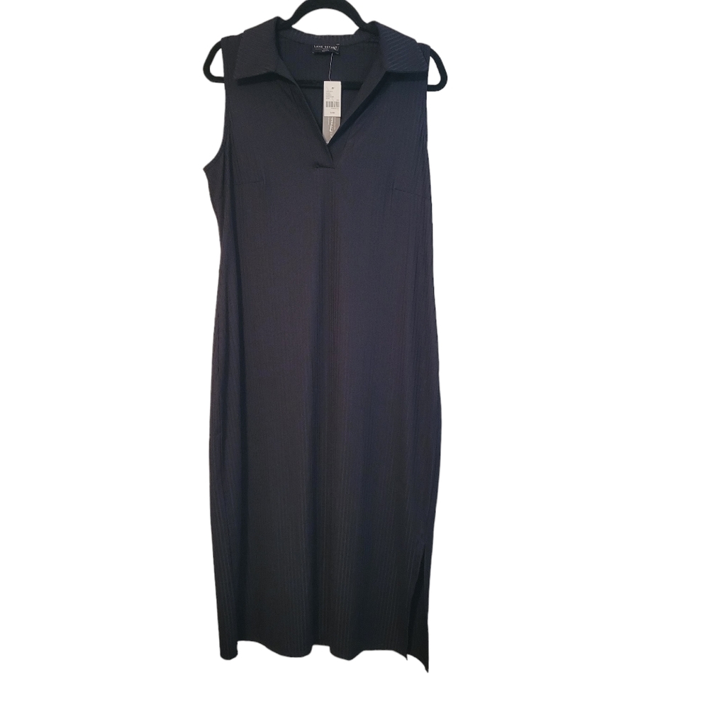 Lane Bryant NWT Black Ribbed Midi Dress 14/16 Sleeveless Collared Side Slit Plus